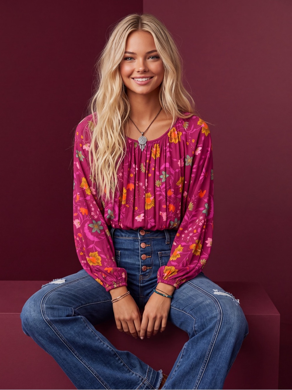 Free People Magenta Floral Balloon-Sleeve Blouse